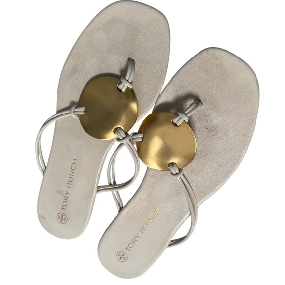 Tory Burch Patos Disk Leather Sandal Ivory Leather Gold Logo White Thong Size 8M